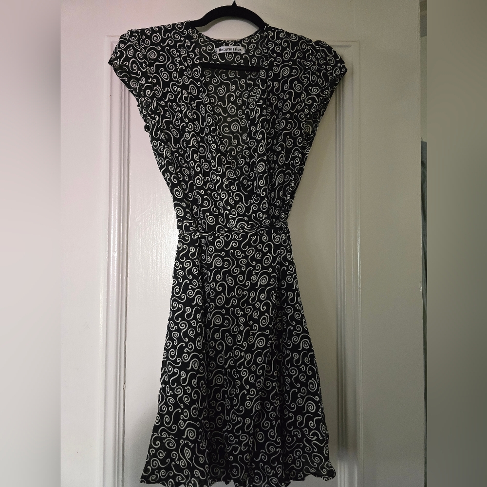 Reformation Elegant Black and White Swirl Wrap Dress